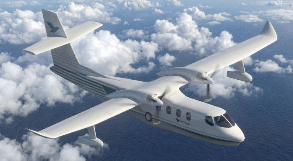 White twin-engine propeller aircraft flying above clouds over the ocean, sleek white with a Noemi logo on the fuselage tail section.