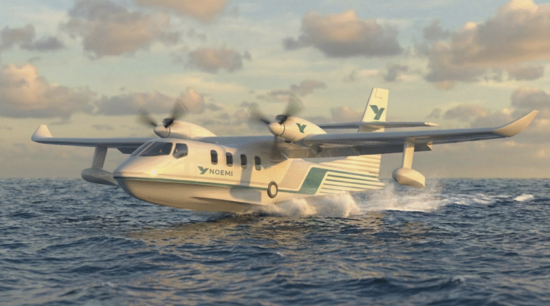 unnamed 2 - eVTOL Insights Twin-engine seaplane skimming the ocean at takeoff, propellers blurred with motion