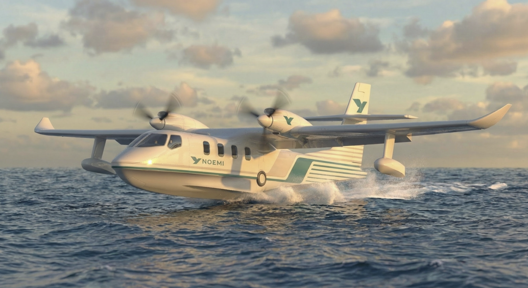 Twin-engine seaplane skimming the ocean at takeoff, propellers blurred with motion