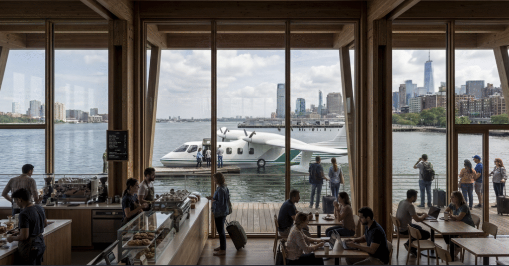 Cafe interior with large windows overlooking a waterfront seaplane and city skyline, several patrons dining and working on laptops.