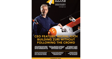 Magazine cover for eVTOL Insights showing a man in a blue shirt beside a small aircraft, with headline 'CEO Feature: Michal Ilich—Building Zuri Without Following the Crowd'.