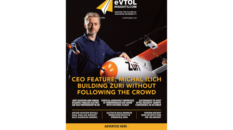 Magazine cover for eVTOL Insights showing a man in a blue shirt beside a small aircraft, with headline 'CEO Feature: Michal Ilich—Building Zuri Without Following the Crowd'.