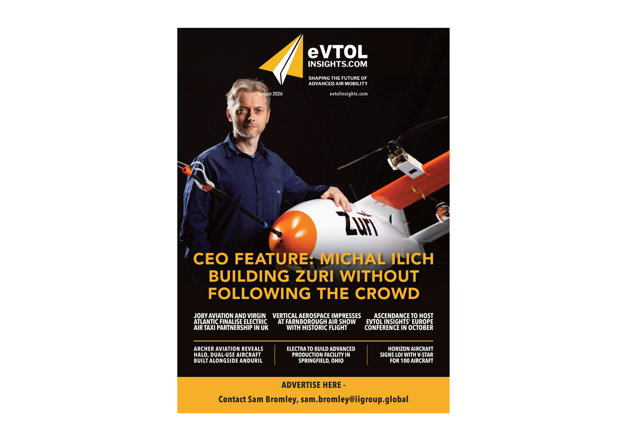 Magazine cover for eVTOL Insights showing a man in a blue shirt beside a small aircraft, with headline 'CEO Feature: Michal Ilich—Building Zuri Without Following the Crowd'.