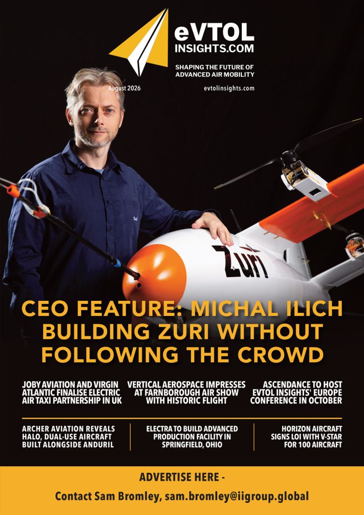 10-eVTOL-Insights-August-2026 1 - eVTOL Insights Magazine cover: a man in a dark blue shirt stands beside an orange-nosed white aircraft, with the eVTOL Insights logo and the feature headline about Michal Ilich building Zuri without following the crowd.