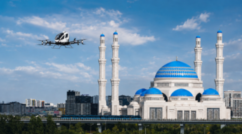 White mosque with blue domes and four minarets under a blue sky; a helicopter flies by.