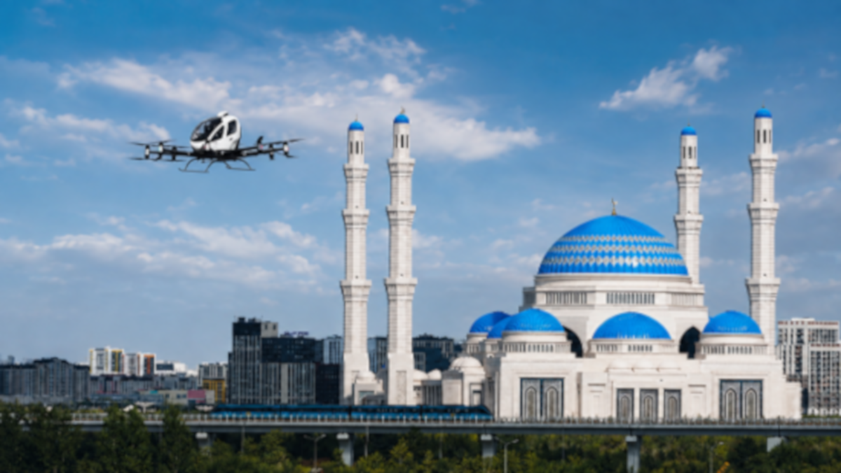 White mosque with blue domes and four minarets under a blue sky; a helicopter flies by.