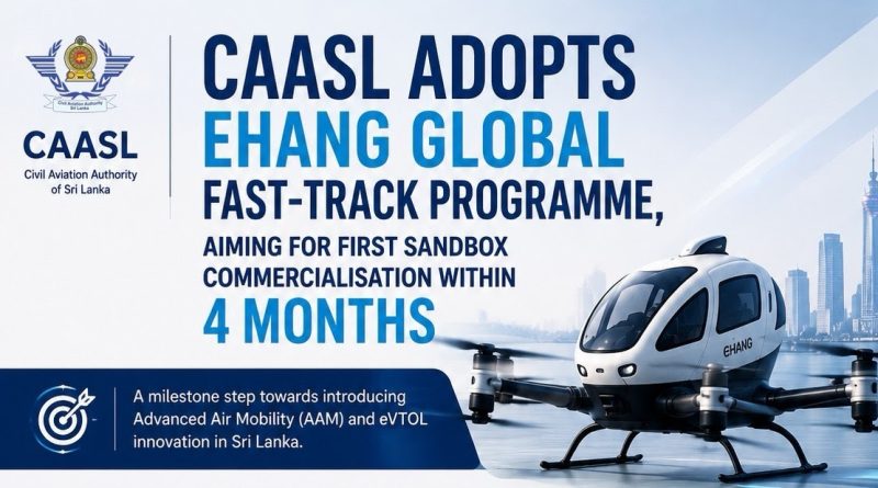 Banner announcing CAASL adopts EHANG GLOBAL Fast-Track Programme to commercialise AAM/eVTOL in Sri Lanka within 4 months, with drone aircraft on water and city skyline in background.