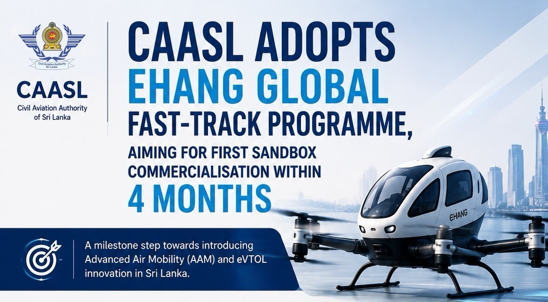 Banner announcing CAASL adopts EHANG GLOBAL Fast-Track Programme to commercialise AAM/eVTOL in Sri Lanka within 4 months, with drone aircraft on water and city skyline in background.