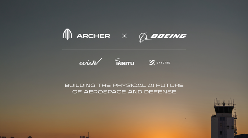 Collaboration banner showing Archer and Boeing logos with partner brands and the slogan 'BUILDING THE PHYSICAL AI FUTURE OF AEROSPACE AND DEFENSE' at sunset near an airport control tower