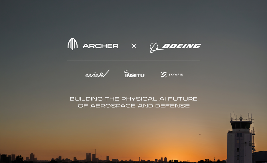 Collaboration banner showing Archer and Boeing logos with partner brands and the slogan 'BUILDING THE PHYSICAL AI FUTURE OF AEROSPACE AND DEFENSE' at sunset near an airport control tower