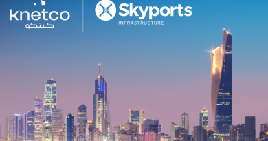Brand logos above a nighttime city skyline reflected on calm water; Knetco on the left and Skyports Infrastructure on the right via a vertical divider.
