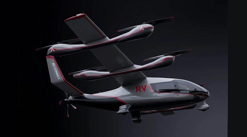 Futuristic twin-rotor aircraft with stacked wings and red accents, labeled RV Convex against a dark background.
