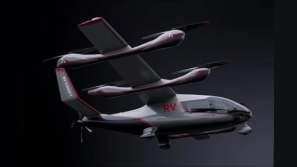 Futuristic twin-rotor aircraft with stacked wings and red accents, labeled RV Convex against a dark background.