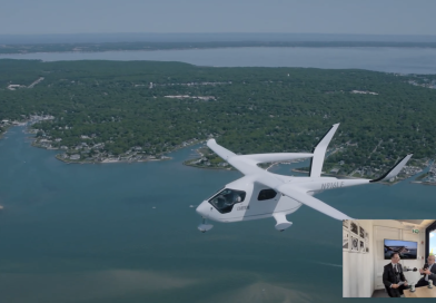 A small white airplane flying over a coastal green landscape with water channels, viewed from the aircraft; a video-call inset shows two people in a meeting room.