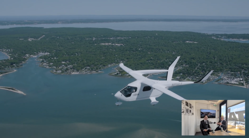 A small white airplane flying over a coastal green landscape with water channels, viewed from the aircraft; a video-call inset shows two people in a meeting room.