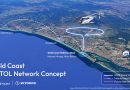Aerial infographic of Gold Coast eVTOL network with a SkyDrive helicopter flying toward Broadbeach, showing future routes from the Helitours base at Marina Mirage.