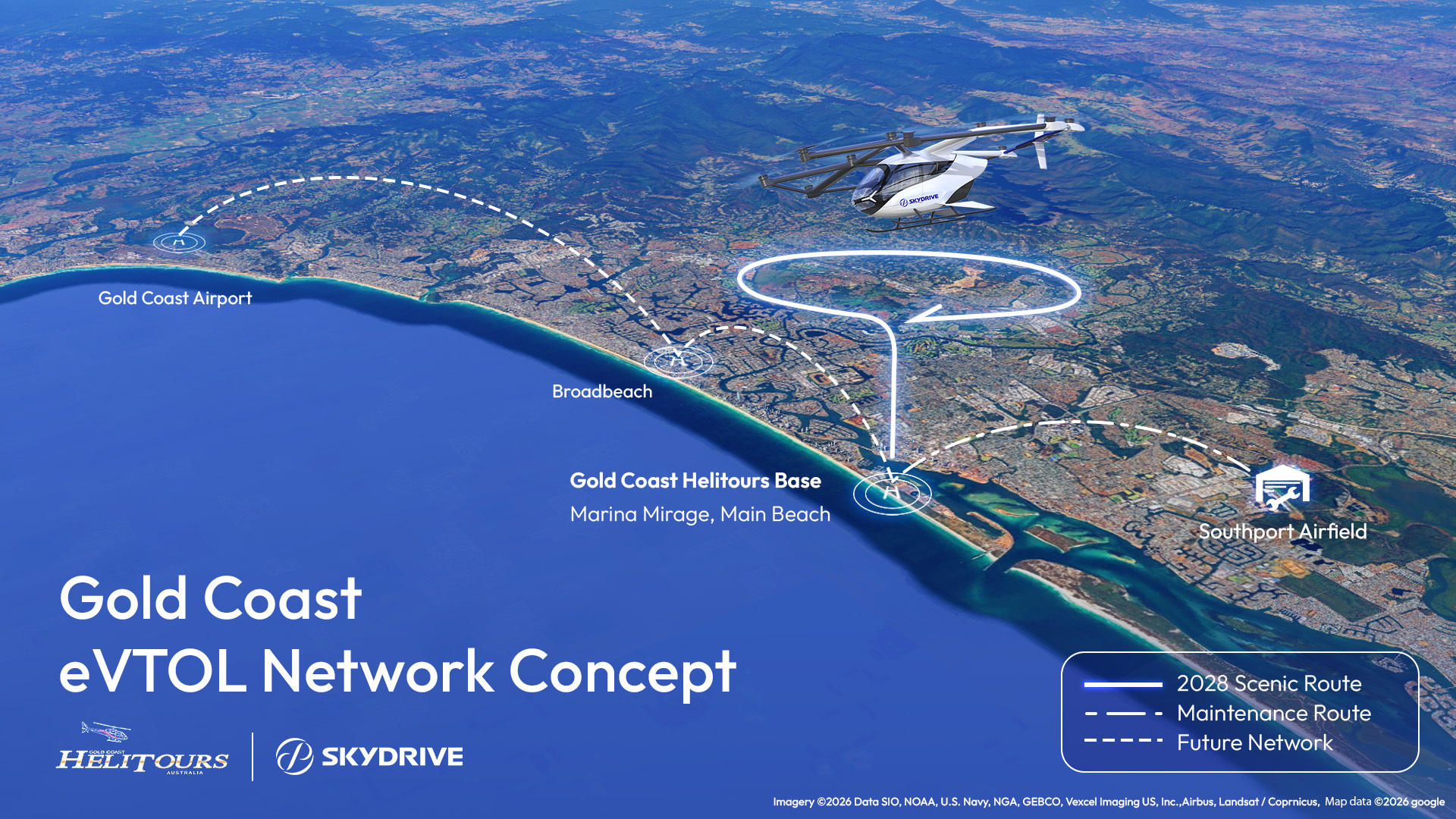Aerial infographic of Gold Coast eVTOL network with a SkyDrive helicopter flying toward Broadbeach, showing future routes from the Helitours base at Marina Mirage.