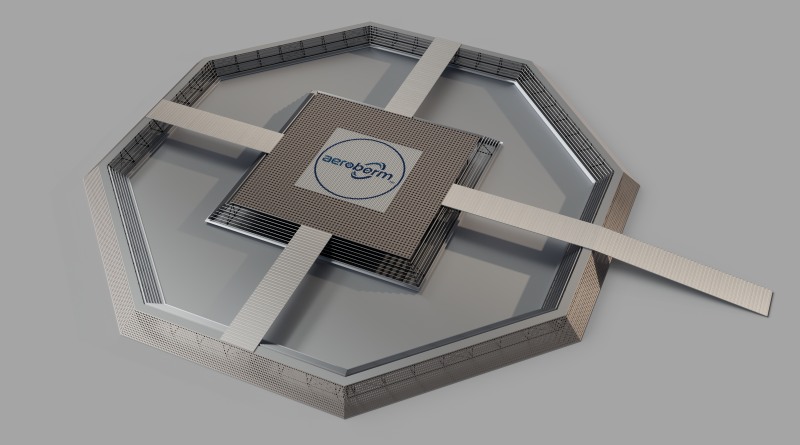 3D render of a large hexagonal metal frame with a perforated central square plate bearing a circular blue logo in the middle.
