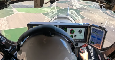 View inside a crop-dusting aircraft cockpit: pilot wearing a helmet, two screens with gauges, and a joystick with farmland visible ahead.