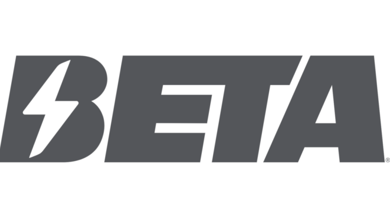 Beta logo: bold gray wordmark with a stylized B featuring a lightning bolt cutout on a white background