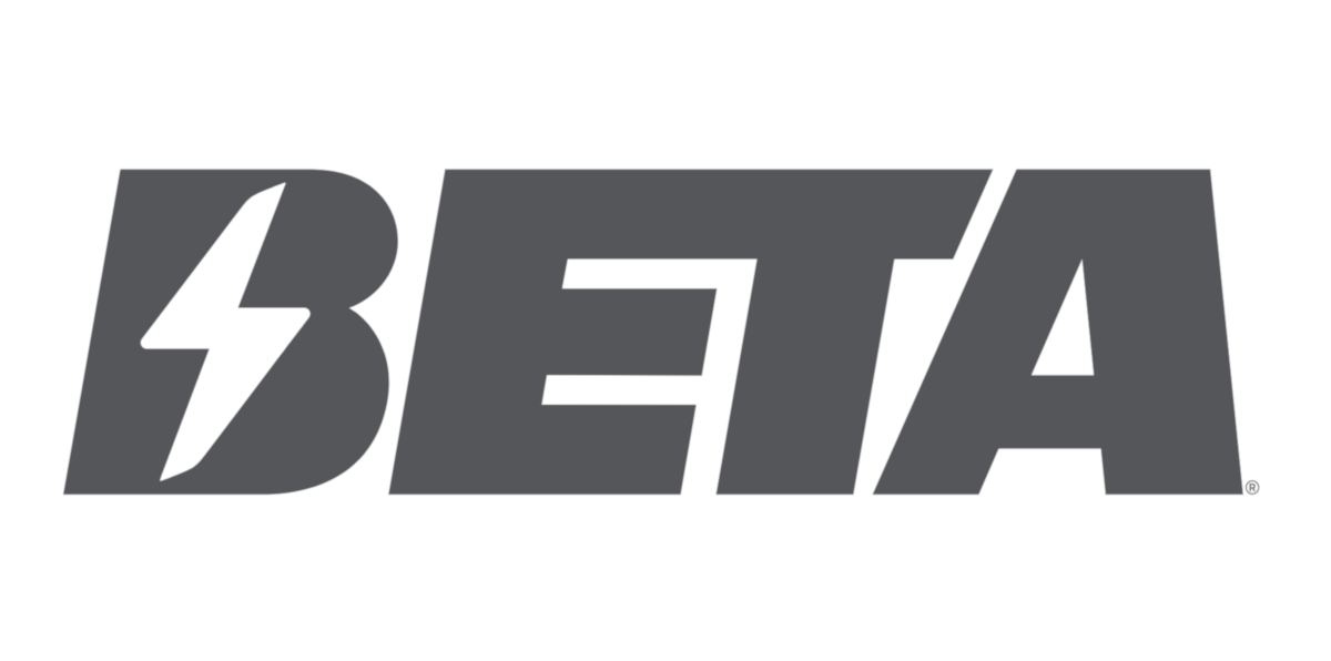 Beta logo: bold gray wordmark with a stylized B featuring a lightning bolt cutout on a white background