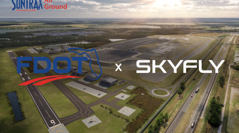 Aerial view of a runways and airport campus with FDOT x SkyFly branding and Suntrax logo above.