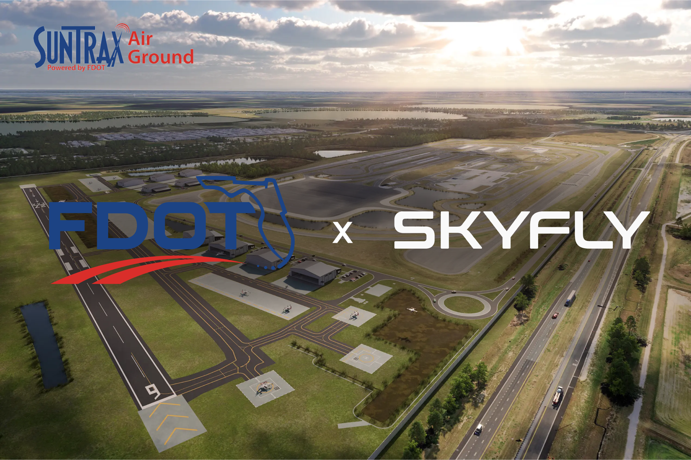 Aerial view of a runways and airport campus with FDOT x SkyFly branding and Suntrax logo above.