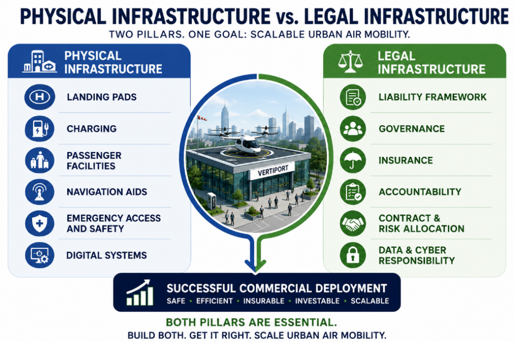 Infographic comparing physical and legal infrastructure for scalable urban air mobility, with a central Vertiport image and helicopter.