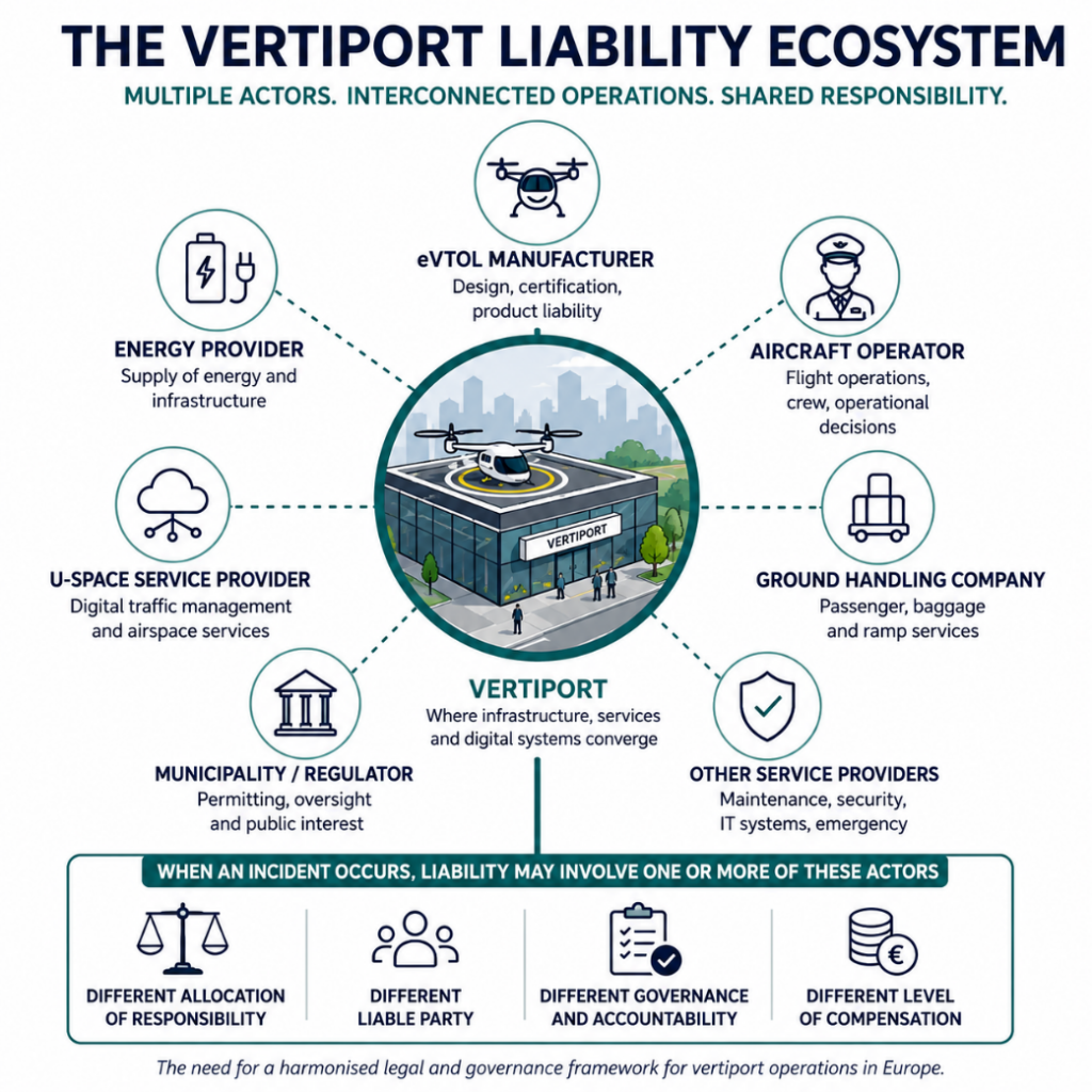 Infographic: The Vertiport Liability Ecosystem with a central hub connected to eight actors (energy provider, eVTOL manufacturer, aircraft operator, ground handling, other service providers, municipality/regulator, U-space service provider).