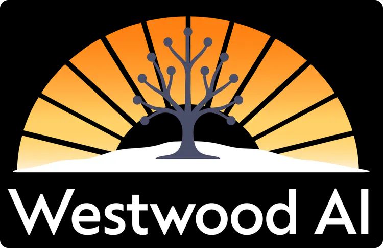 Westwood AI logo: a blue leafless tree in front of a yellow-orange sunrise arc on black, with 'Westwood AI' text below