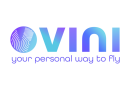 Brand logo for OVNI with a gradient blue–purple wordmark and a circular fingerprint motif; tagline says 'your personal way to fly'.
