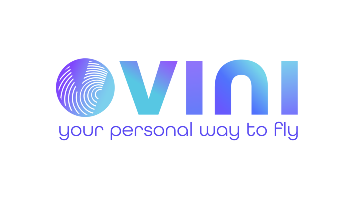 Brand logo for OVNI with a gradient blue–purple wordmark and a circular fingerprint motif; tagline says 'your personal way to fly'.